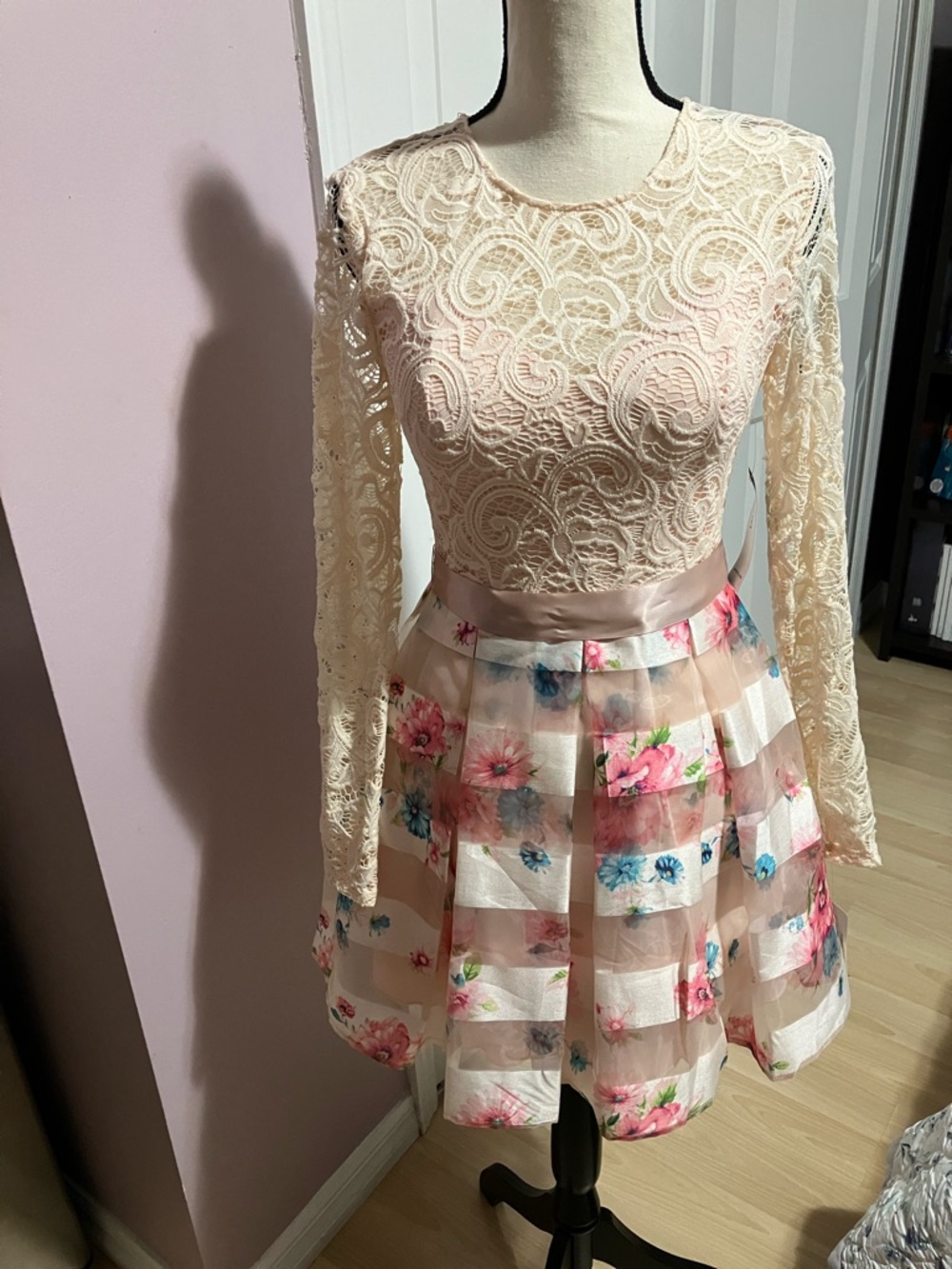 Teeze Me Cream Lace Top Floral Stripe Pleated Skater Dress
